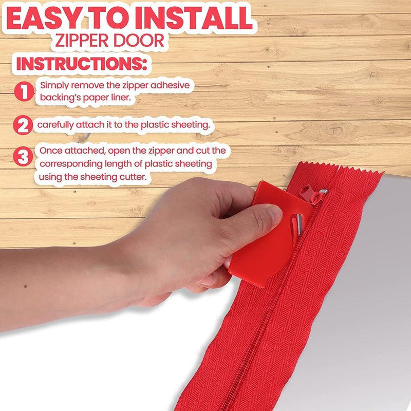 (4-Pack) Heavy-Duty Dust Protector Zipper (Red) - Self-Adhesive Instant Door Zipper - 7 Ft Long x 3 in Wide Zipper - Includes 4 Zippers and Plastic Sheeting Cutter Accessories Red (4 Pack)