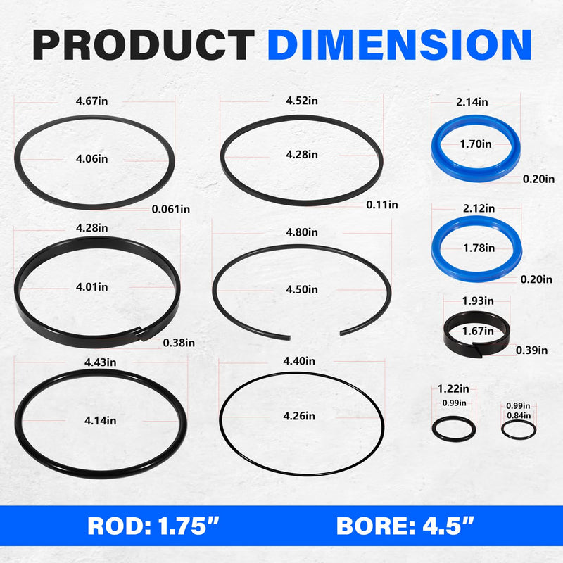 Replace for Hydraulic Log Splitter Cylinder Rebuild Seal Kit, Fit for 4.5" Bore x 1.75" Rod Cylinder (Pack of 11) 4.5" Bore 1.75" Rod