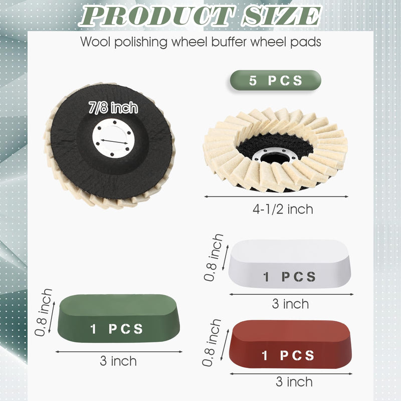 8 Pcs Wool Polishing Wheel Disc and Polishing Compounds Set Includes 5 Thicken Arbor Buffing Wheel 3 Buffing Compound 4 1/2 x 7/8 Inch Felt Flap Disc for Angle Grinder, Multi Surface