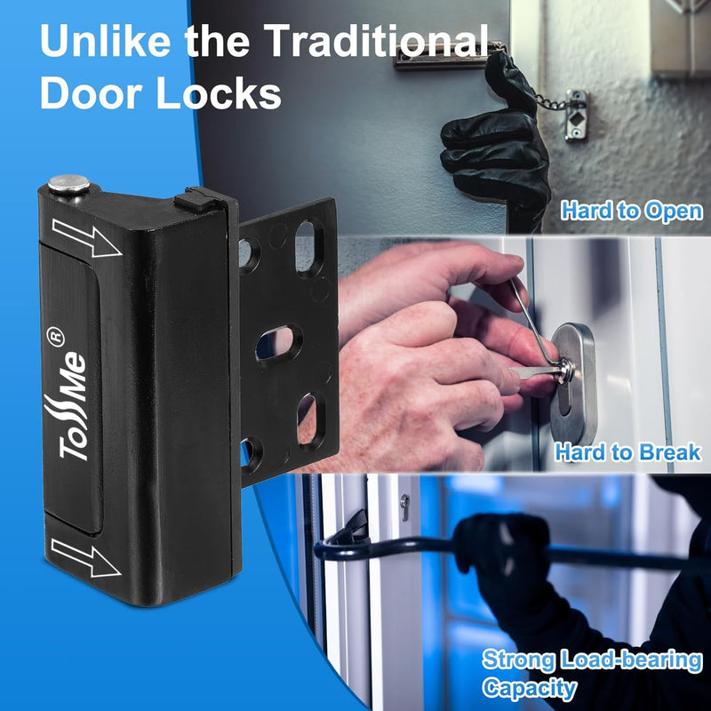 Home Security Door Lock,Childproof Door Reinforcement Lock,with 3" Stop Withstand 800 lbs,for Inward Swing Doors,Night Kids Safety Metal Flip Lock Deadbolt Latch (2, Black) 2