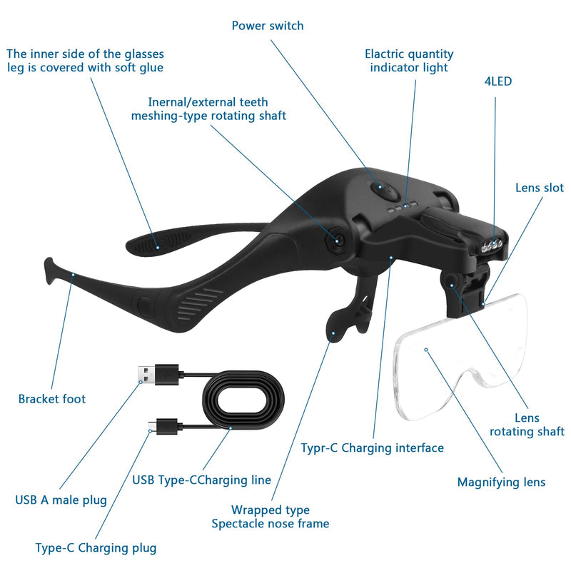 Headband Magnifying Glass with 4 LED Lights, Rechargeable Head Magnifier with 5 Detachable Lenses 1.0X, 1.5X, 2.0X, 2.5X 3.5X - Hands Free Lighted Magnifier Glass for Jewelry, Crafts, Cross Stitch Black 1.0X, 1.5X, 2.0X, 2.5X, 3.5X Head Magnifying Glass