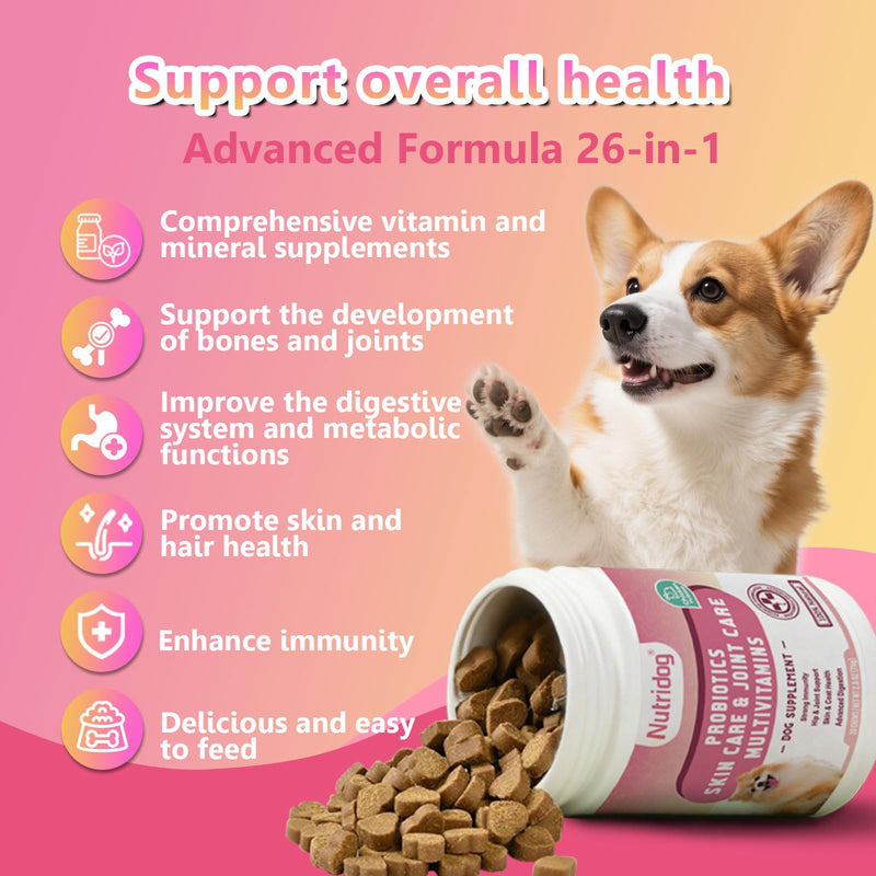 26-in-1 Dog Multivitamin Chews – Glucosamine, MSM & Chondroitin for Joints, 6-Strain Probiotics for Gut, Calming Chamomile & Valerian, Immune Support, Chicken Flavor (30 Count) ND-015