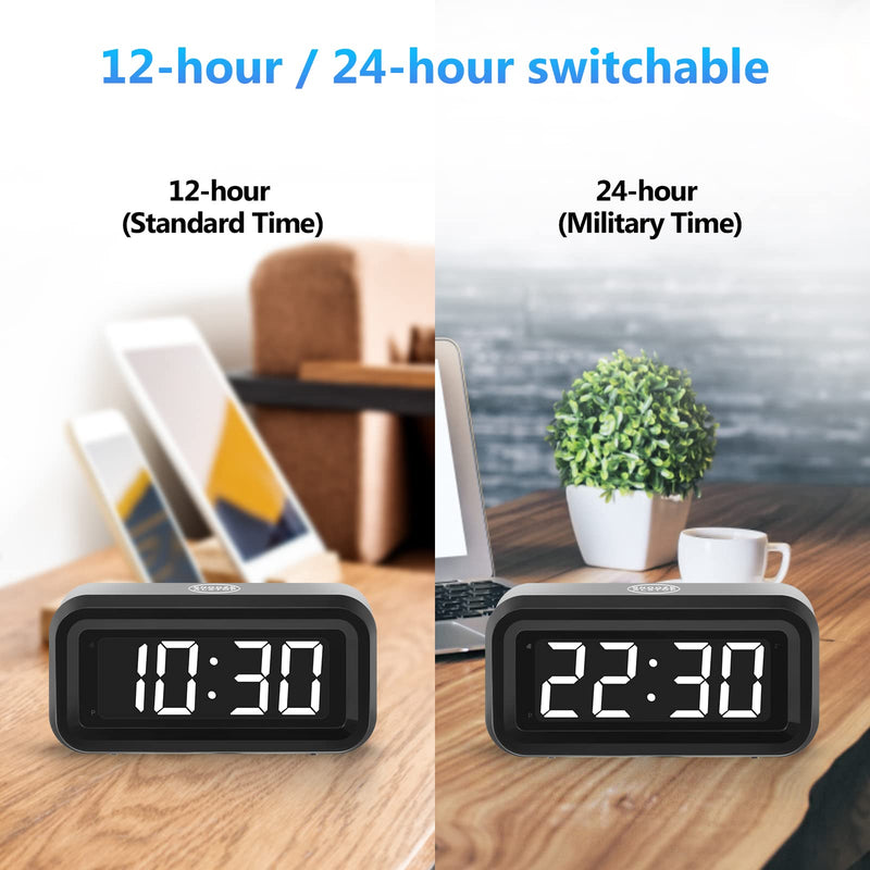 Digital Alarm Clock Battery Operated with LED Display for Bedrooms, Long Battery Life for 12 Months, 3 Brightness Adjustable, 12/24 Hour, Snooze, Black Case with White Digits Black-white