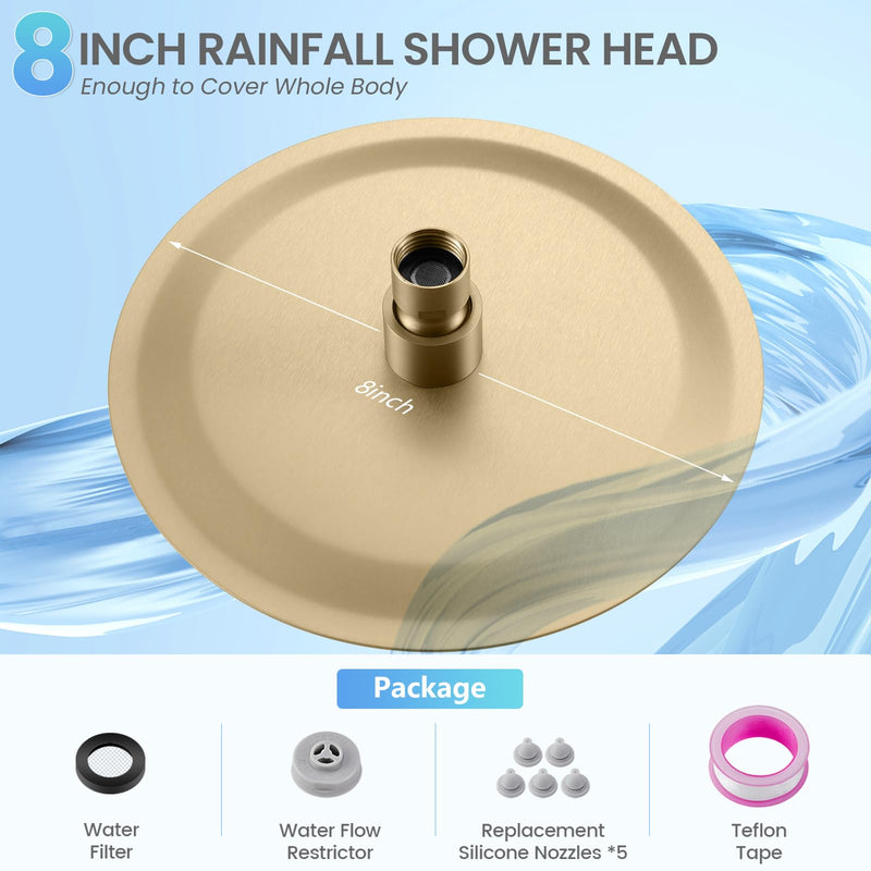 Brushed Gold Round Rainfall Shower Head, All Metal Stainless Steel Rain Shower Heads with 90 Anti-Clog Silicone Nozzles, Wall or Ceiling Mount, 8 inch Brushed Gold