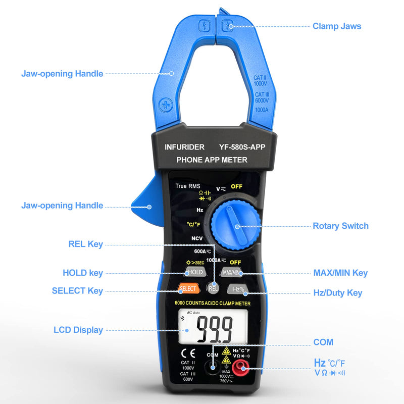 Bluetooth Clamp Meter, TRMS 6000 Counts Auto- Ranging Clamp on Ammeter, 1000A AC/DC Current Clamp Volt Meter, Wireless Clamp Multimeter Measures Capacitance, Ohm, Hz, NCV and Temperature