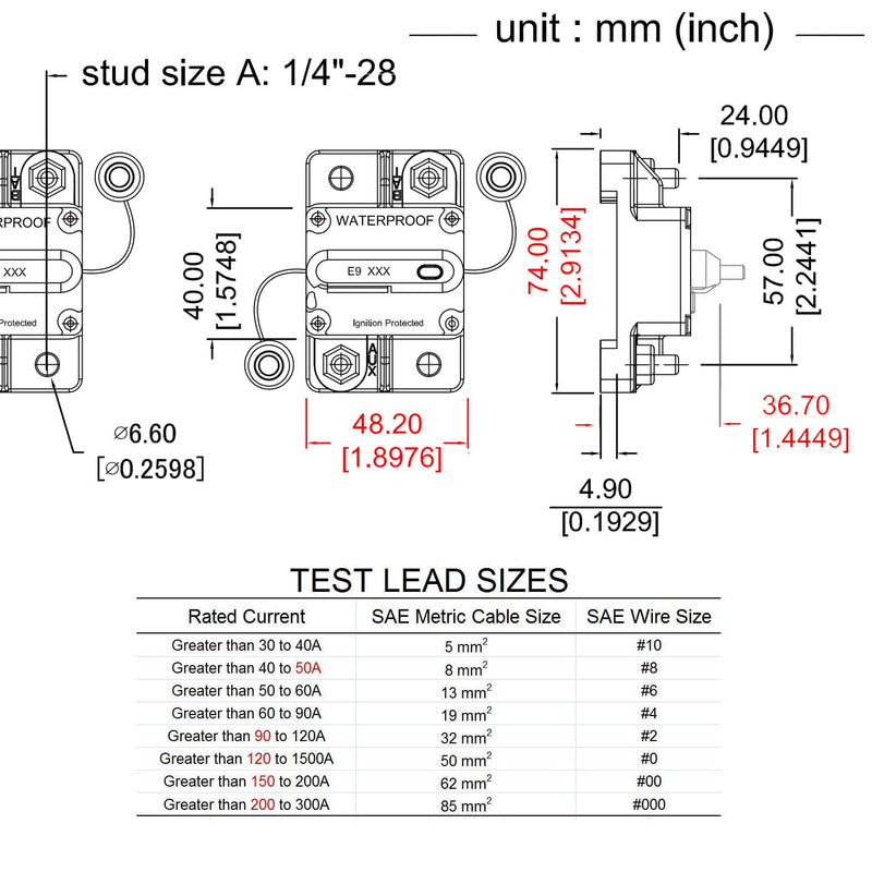 60A Circuit Breakers with Manual Reset Switchable Battery Solar 12V- 72V DC 60A