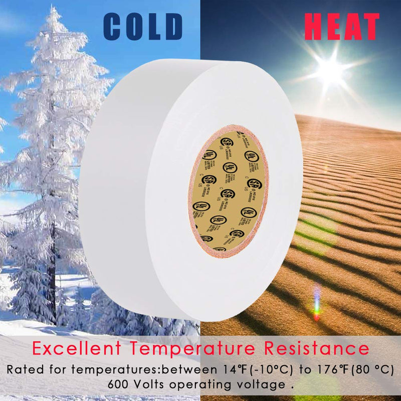 White Electrical Tape, 66 feet x 3/4 inch x 7 mils-600V,Pass UL/CSA Certification. Waterproof,Flame Retardant,Strong Adhesive, 14℉ to 176℉(White) 3/4-Inch by 66 Feet White 1