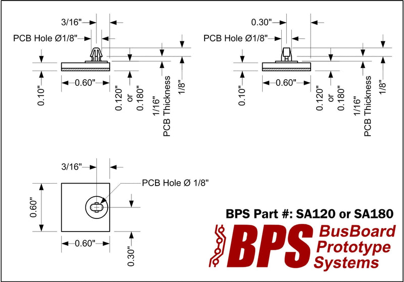 SA120 Adhesive Standoffs, 100 Pack, 0.120" Height, Offset 0.6x0.6" Base, Fits 0.125" PCB Hole