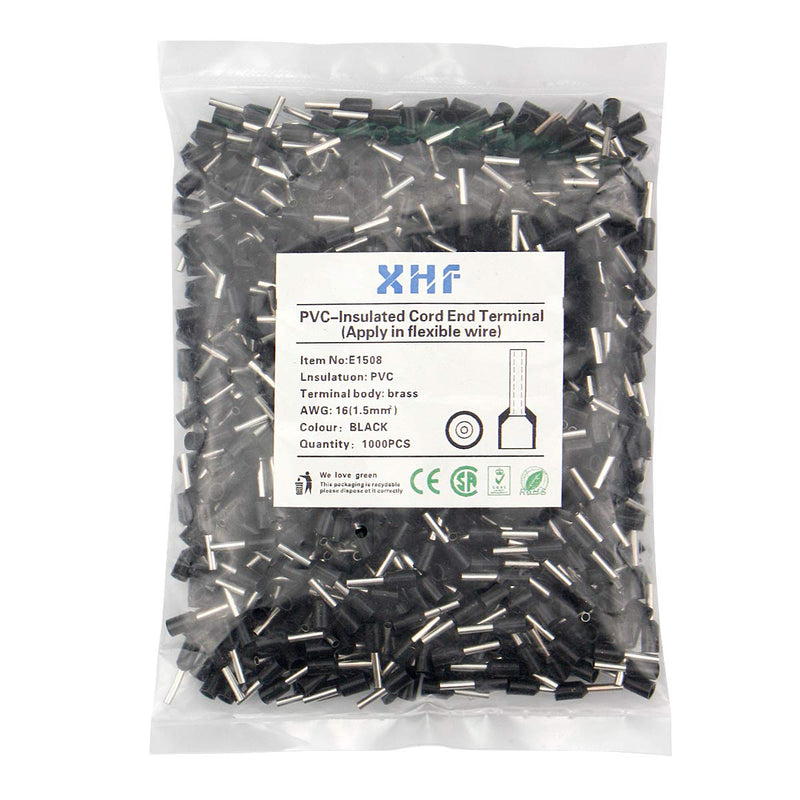 XHF 1000 PCS AWG 16/1.5mm² Wire Ferrules Insulated Copper Crimp Connectors, Crimp Pin Cord End Terminals Black