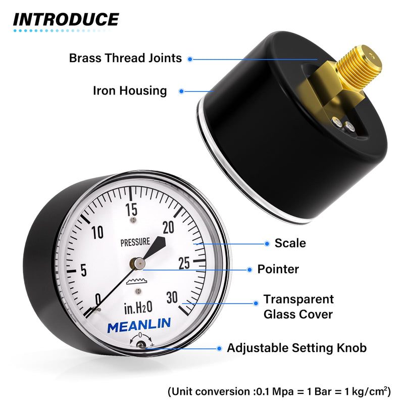 MEANLIN MEASURE 0-30 in H2O Diaphragm Type Capsule Low Pressure Gauge 1/4" NPT 2-1/4" FACE DIAL Adjustable Water Column Gauge, with 1/2" NPT and 3/8" NPT Hex Bushing, Back Mount 0~30 in H2O