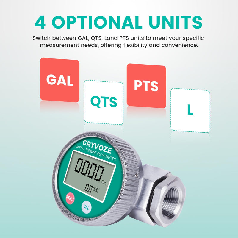 1 Inch Digital Water and Fuel Flow Meter Kit - with 360° Swivel Connector and Two Male Connectors - IP68 Waterproof and EMI Resistant, 2.4-26.4 GPM Inline NPT Flowmeter 1 inch
