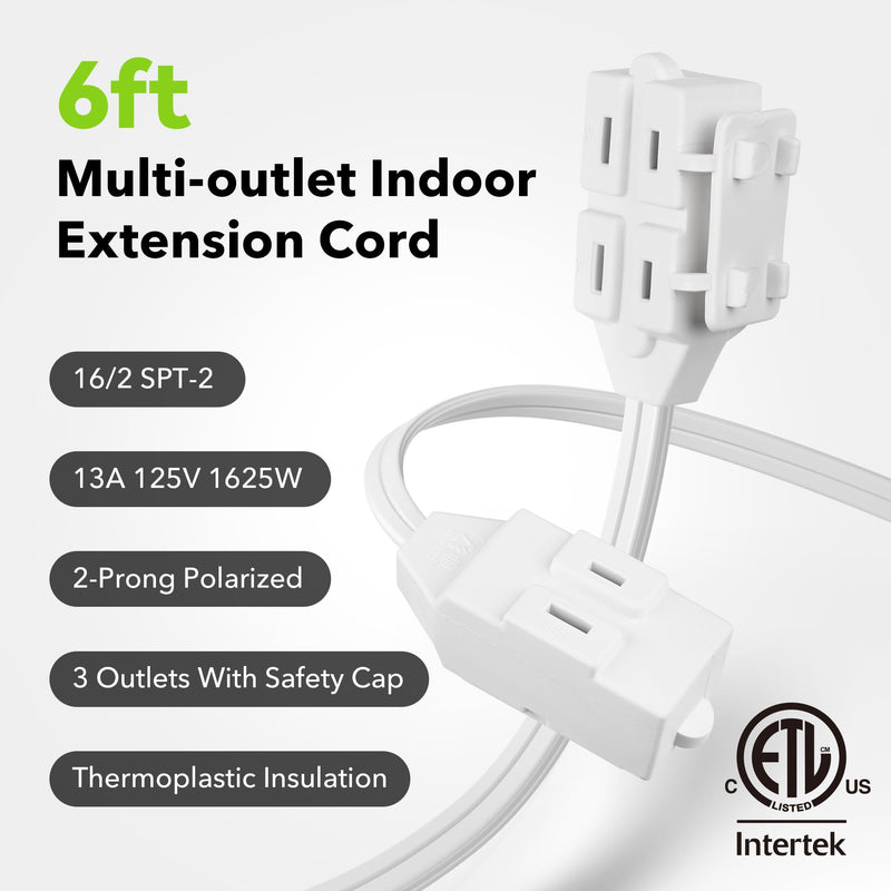 BN-LINK 6 ft 3 Outlet Indoor Extension Cord 16/2 SPT-2, 2 Pack White, 2 Prong Polarized Plug, Household Power Cord for Home, Office, and Holiday Decorations 6Ft - 2Pack