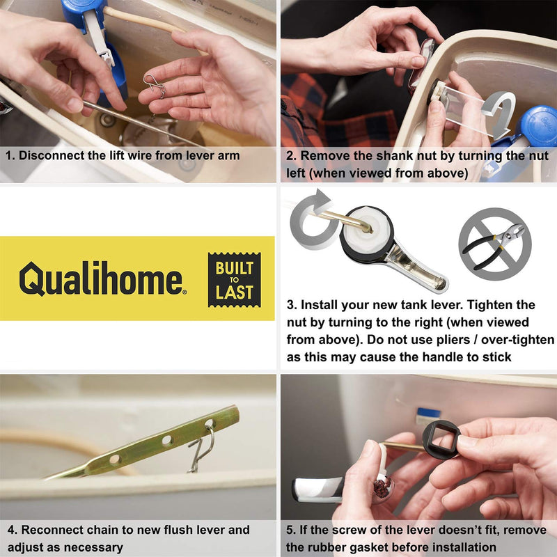 Qualihome Toilet Handle Lever Flush Replacement, Front Mount, Chrome, Universal Fitting Chrome Polished