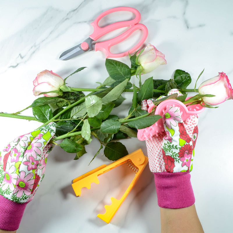 5PCS Rose Thorn Tools Rose Leaf Thorn Strippers with a Rose Pruning Shears and Garden Rose Gloves Pink1 Style-pink