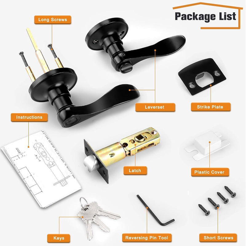 Cabagii Wave Style Door Lever Keyed Entry Black Door Handle with Lock, Entrance Lever Reversible for Left/Right Handed for Office or Front，1 Pack