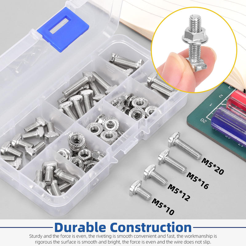 Glarks 80pcs M5 T Slot Drop-in Bolt with Hexagon Flange Nut Set, 10/12/16/20MM Hammer Head T-Bolt, T Shape Stud Sliding Screw, T Screw Stud for European Standard 20 Series Aluminum Profile