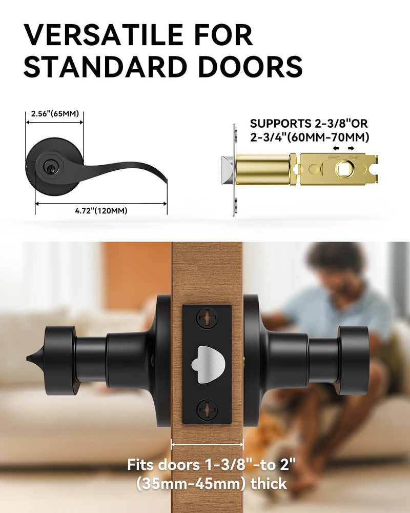 2 Pack Entry Black Door Handle with Lock and Key, Keyed Different Door Levers Interior Exterior Handle Lock, Reversible Front Entrance for Bedroom Wave Style Lever Handles 2 Pack Matte Black