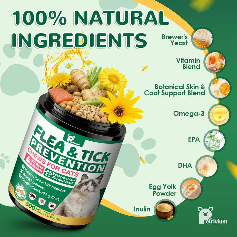 Flea and Tick Prevention for Cats, 500 Cat Flea Treatment, Natural Oral Flea Treatment for Cаts with Vitamins - Supports Skin & Coat, Digestive Health for All Breeds & Ages, Chicken Flavor