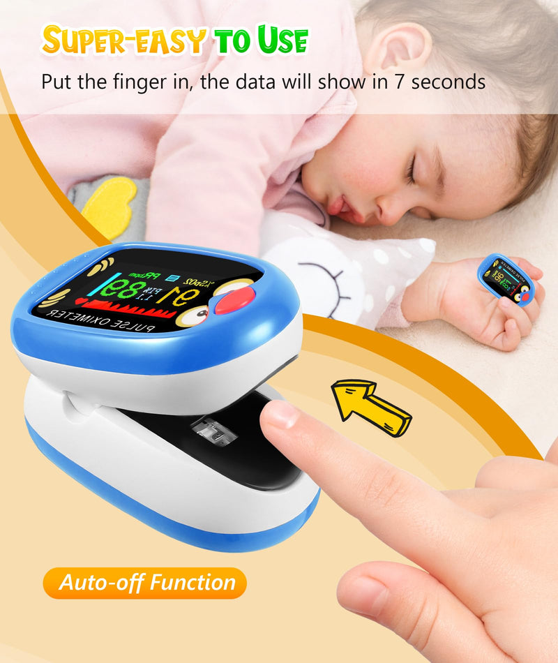 Pediatric Pulse Oximeter, Rechargeable Oximeter for Kids, Baby Oxygen Monitor, Blood Oxygen Saturation, Pulse Rate Monitor, Cute Cartoon Design, USB-C Charging (Blue)