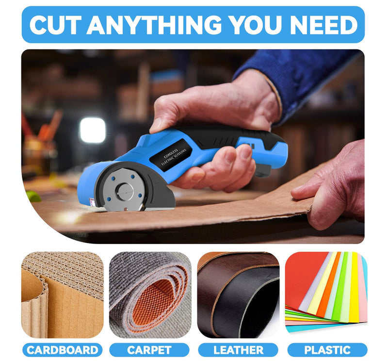 Cordless Electric Scissors,4V Rechargeable Cardboard Cutter Heavy Duty Scissor with Safety Lock & LED Light for Box Carpet Plastic Fabric(Blue)