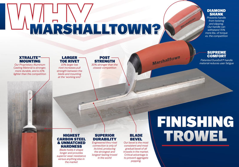 Marshalltown Finishing Trowel, 12 by 3 Inch, Perfect for Spackling, Sheetrock, Stucco, Concrete, EIFS and More, DuraSoft Curved Handle, High Carbon Steel Blade, Xtralite Mounting, MXS56D 12 Inch by 3 Inch