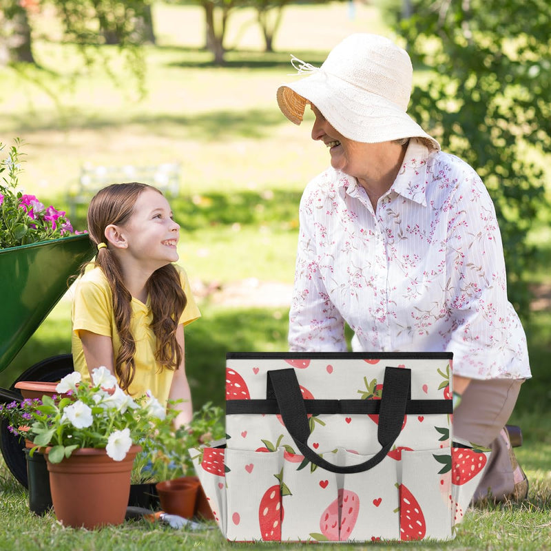 Strawberries Gardening Tool Bag,Heavy Duty Garden Tote Bag,Portable Oxford Gardening Storage Basket Organizer Handbag with Pockets Handle,Hand Tools Gifts for Outdoor Garden Lawn Yard Strawberries