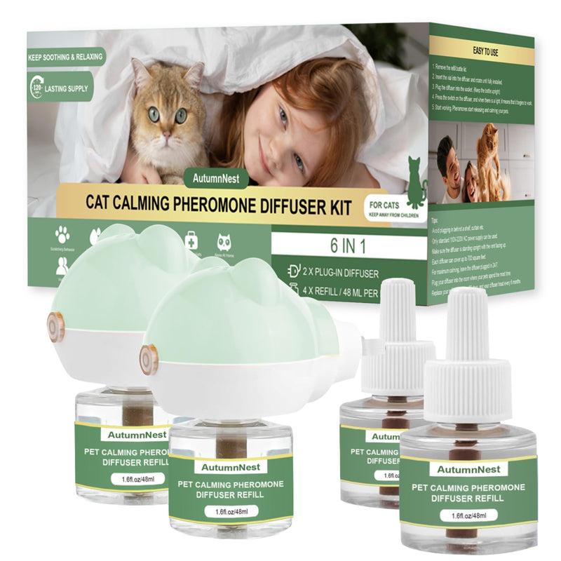 Cat Calming Diffuser Kit with 2 Plug-in & 4 Refills, Pheromone Diffuser for Cats Reducing Fighting, Scratching, Urine, Aggression, Anxiety, Fireworks, Vet Visits, Travel, 120 Day Supply, Safe Formula Bear Diffuser (with Light)