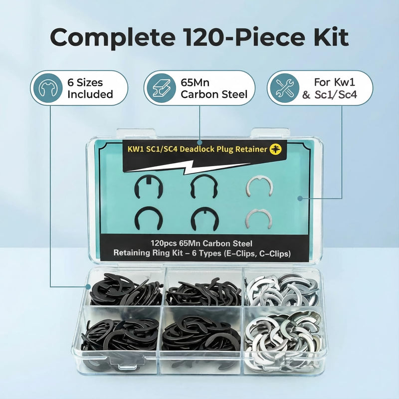 Door Lock Replacement Parts, Rekey Kit, Lock Cylinder Retainer Clip Set | 120PCS 65Mn Carbon Steel E-Clips & C-Clips, Fits KW1 SC1 SC4 Cylinders, Replaces 4215-01, 84215-001, 84345