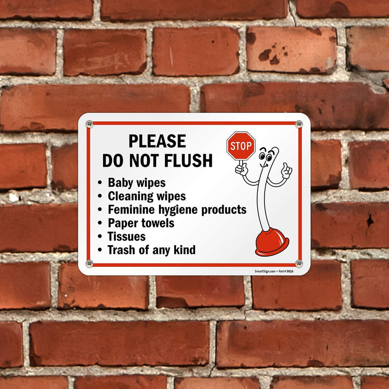 SmartSign 7" x 10" 'Please Do Not Flush Wipes/Feminine Hygiene Products/Paper Towels/Tissues/Trash' Bathroom Sign with Funny STOP Symbol, 55 mil HDPE Plastic, Red/Black/White, USA-Made 7" x 10" - Plastic
