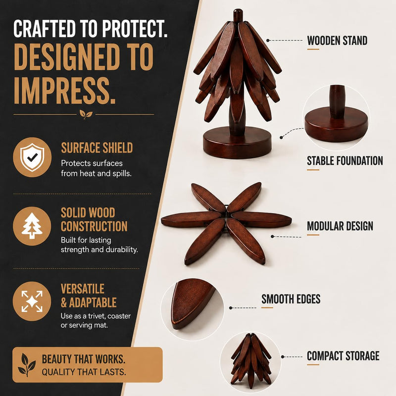 Wooden Trivet - Wooden Trivets for Hot Dishes - Tree Shaped Wooden Trivet - 4 Wooden Trivets with 1 Stand - Space-Saving Coaster Tree for Pots, Pans, Serving Dishes, Tables & Counters