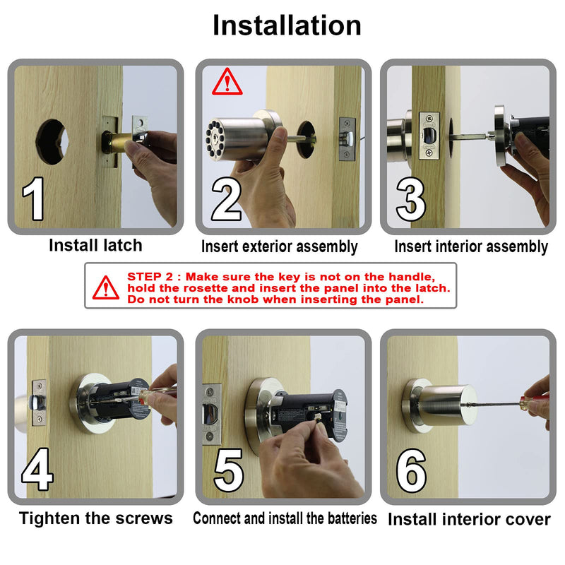 Keypad Door Knob with Key,Keyless Entry Door Lock, Code Locks Door Knob, Auto Lock,50 User Code,Easy to Install,for Home,Office,Hotel,Bedroom,Garage,No Deadbolt Satin Nickel