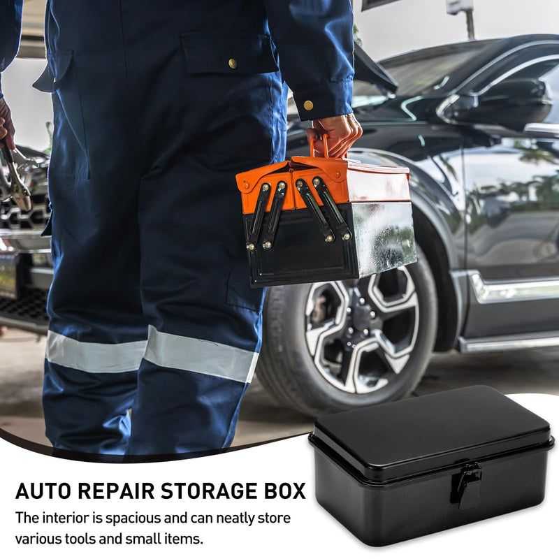 HARFINGTON Portable Steel Tool Box, 7.5" x 4.7" x 2.4" Trunk Tool Storage Box Metal Organizer Mountain Toolbox for Garage Warehouse Workshop Household, Black 7.5" x 4.7" x 2.4"