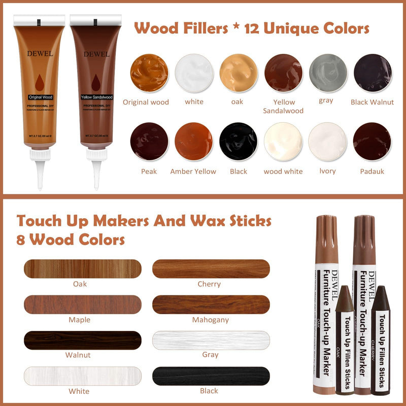 DEWEL Wood Furniture Repair Kit, New Upgrade Wood Fillers, Furniture Touch Up Markers, Wax Sticks, Wood Putty with Beeswax for Cracks, Wood Hole, Scratches, Floor, Table, Door 12+8+8