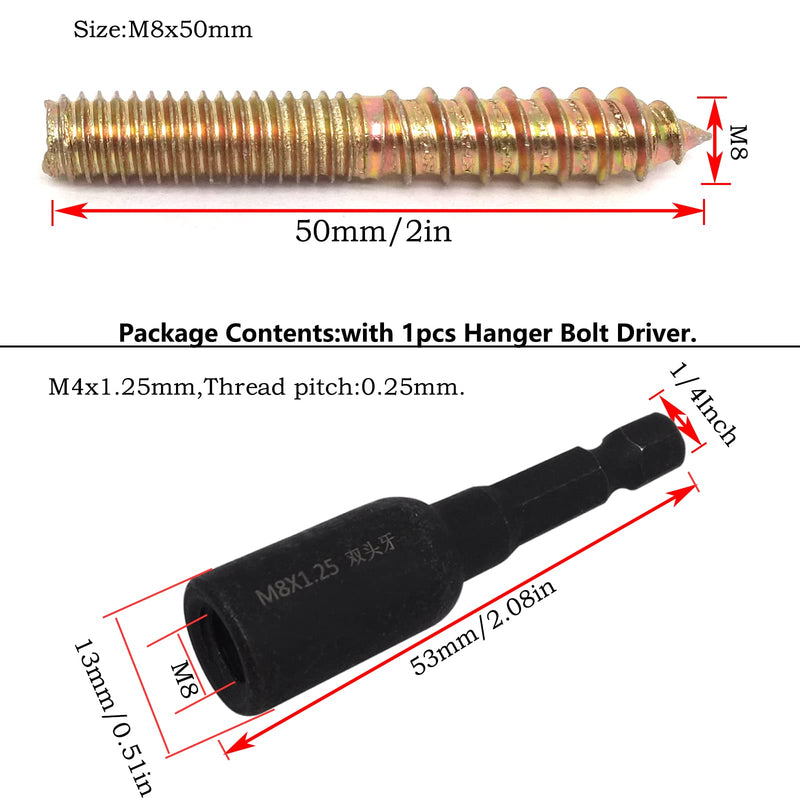 10Pcs Hanger Bolts Double Headed Bolts Kit,with (M8x1.25mm) Hanger Bolt Driver, Hanger Bolts for Wood Furniture(M8x50mm) M8x50mm