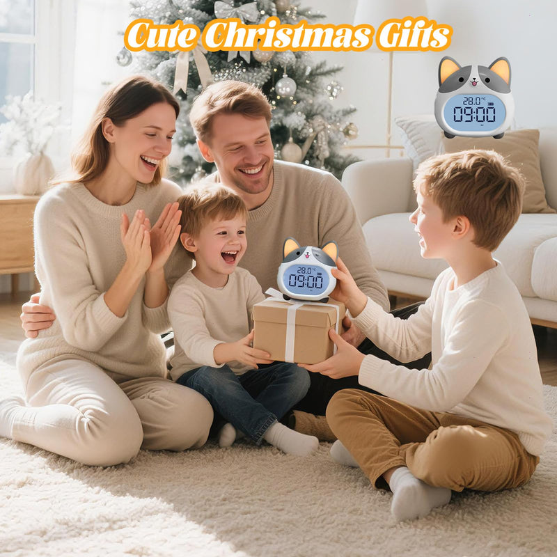 AVEKI Alarm Clocks for Kids - Cute Dog Clock with Night Light, 6 Alarm Tones, Snooze, Timer, Date and Temperature Display - Rechargeable Battery Operated Digital Clocks for Bedroom Kids Room Gray
