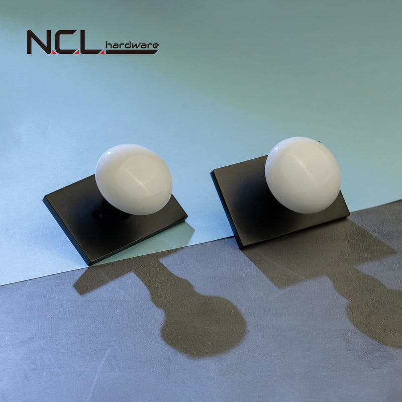 NCL White Door Knob, Matt Black Porcelain Door Knobs Interior, Rectangle Door Levers for Bedroom and Bathroom, Privacy Door Handles with Lock Matte Black Rectangle Rose with White Knob