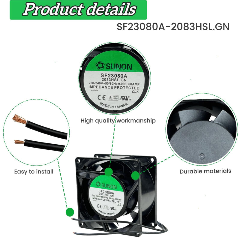 for SUNON SF23080A-2083HSL GN SF Series 2850 RPM 8038 0.09/0.08AMP 220-240V 50/60Hz Cabinet air Cooling Fan