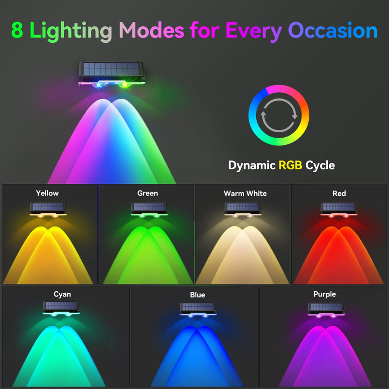 TECKNET Solar Fence Lights Outdoor 12 Pack, Warm White & 6 Colors & RGB, IP66 Waterproof LED Deck Light, Dusk to Dawn Fence Lights Solar for Wall, Railing, Step, Patio, Pool, Backyard, Outside 3000K/Color Changing
