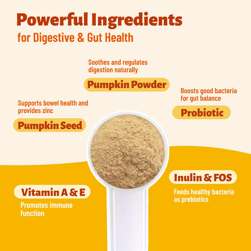 Pumpkin Powder for Dogs & Cats, Digestive Supplement with Probiotics, Prebiotics & Pumpkin Seeds, High Fiber Gut Health & Stool Support, Chicken Flavor Food Topper, 3.88 oz