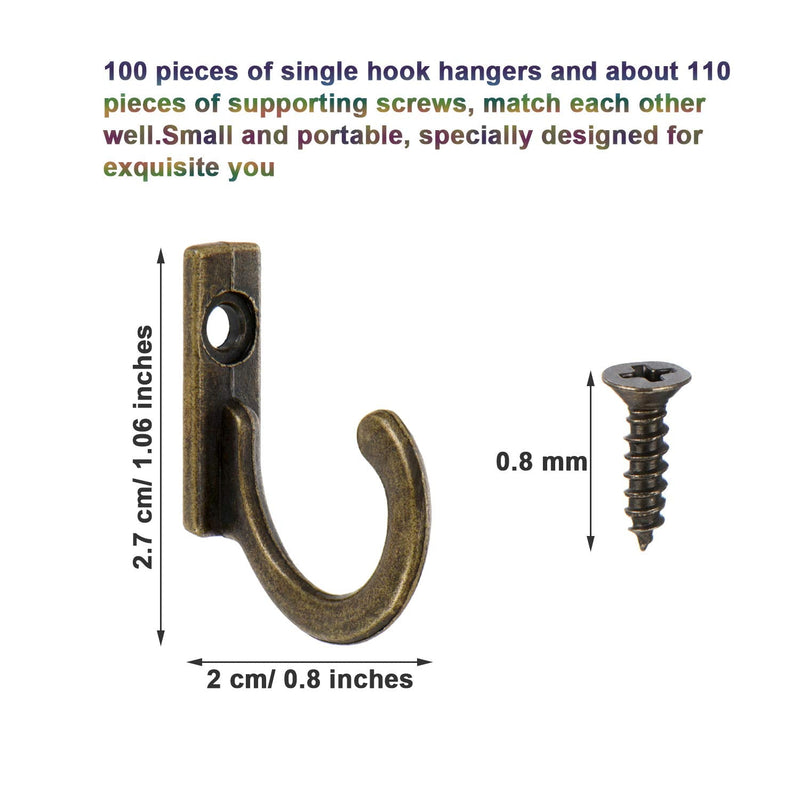 100 Pieces Key Hooks Jewelry Small Hooks Key Hanging Small Hooks Wall Mounted Single Hook Robe Hooks Coat Hooks and 110 Pieces Screws for Hanging Hat, Scarf, Bag (Bronze,100 Pieces) Bronze