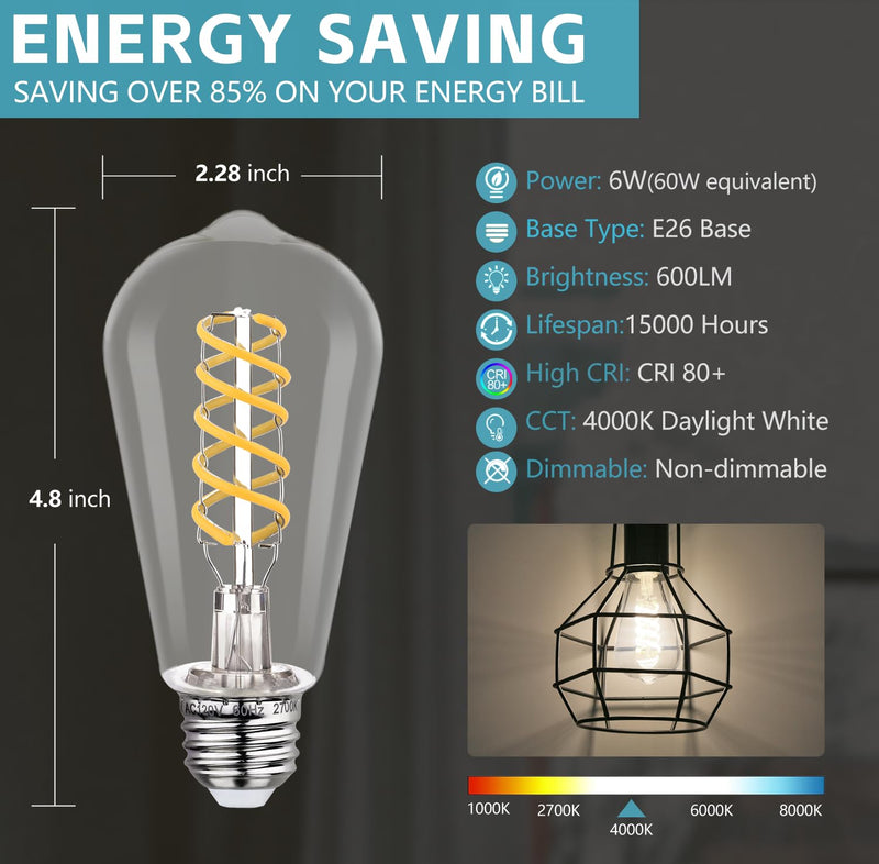 12 Pack Shtterproof Vintage LED Edison Bulbs, Led Light Bulb 60W Equivalent, Non-Dimmable Led Bulbs, High Brightness 700 LM Neutral White 4000K, ST58 Antique Filament Bulbs CRI 80. Neutral White 4000k 12pack