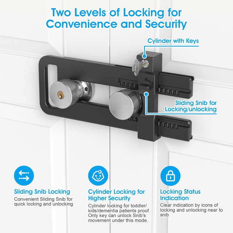 AST Double Door Lockout Device, French Door Reinforcement Lock with 3 Keys, Lockout to Double Door Knobset and Handleset, Childproof Door Lock, Premium Version (Matte Black with Key Alike) Matte Black with Keyed Alike