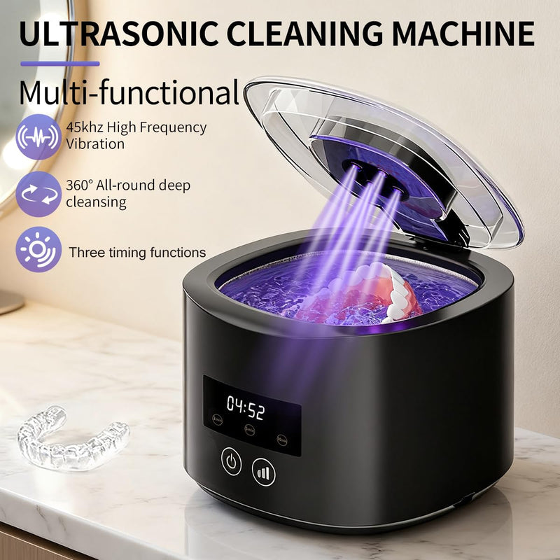 45KHz UV Ultrasonic Retainer Cleaner for Dentures Dental Aligners | 280ml tank, UV light, 3/5/10min modes and LED display for retainers, dentures, aligners, mouth guards and small jewelry