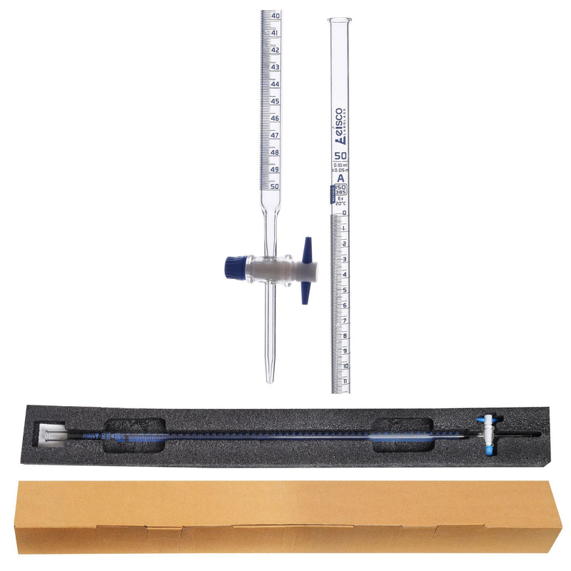 Eisco Labs - 50mL Class A Burette ±0.05mL, Borosilicate Glass with PTFE Key Stopcock - ISO 385 Batch Certified - High Durability and Chemical Resistance, Burette with Stopcock, Precise Flow Burette