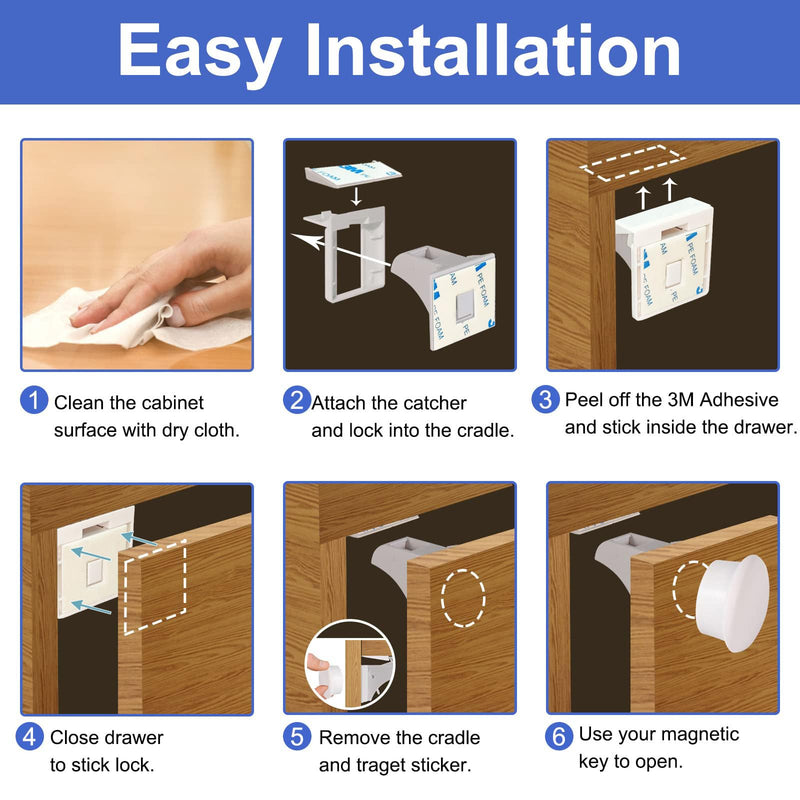 Magnetic Cabinet Locks Baby Proofing - 10 Locks & 2 Keys, No Drill Adhesive Safety Latches for Cabinets & Drawers, Child Proof Lock for Kitchen, Strong Magnet Key to Open, Easy Installation