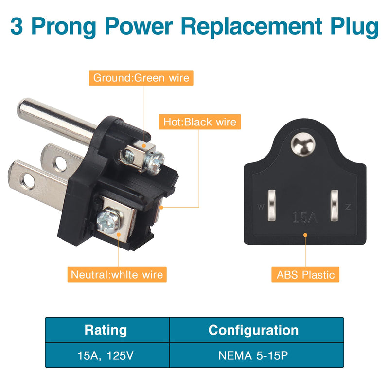 NEMA 5-15P Electrical Replacement Plugs End, Extension Cord Ends 125V 15A, 2-Pole 3 Wire Grounding Plug, 3 Prong Power Replacement Plug, Male Straight Blade Plug 3-Pack