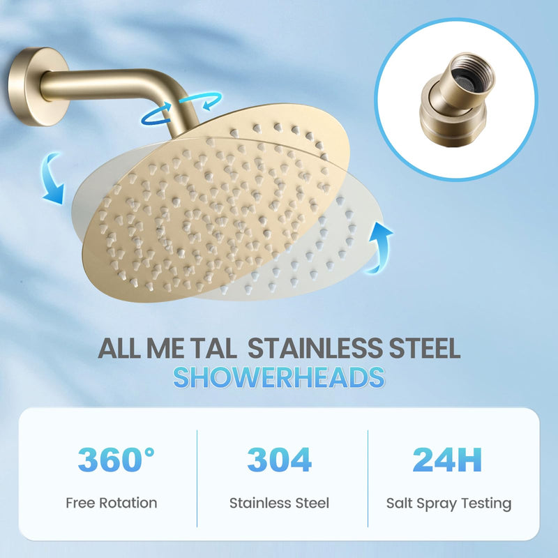 Brushed Gold Round Rainfall Shower Head, All Metal Stainless Steel Rain Shower Heads with 90 Anti-Clog Silicone Nozzles, Wall or Ceiling Mount, 8 inch Brushed Gold