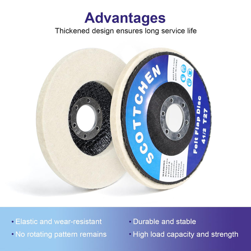 SCOTTCHEN Wool Felt Polishing Wheel Disc,4-1/2" x 7/8" Arbor Wool Polishing Wheel Disc for Angle Grinder for Metal Aluminum,Stainless Steel, Chrome, Wood, Plastic, Ceramic, Glass-10 Pack 10 Pack--flat