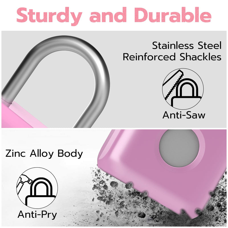 Fingerprint Padlock eLinkSmart Gym Locker Lock for Girls Women with Phone App iOS Watch Metal Keyless Combination Locks for School Sports Locker Toolbox Hasp Storage Pink Cherry Pink