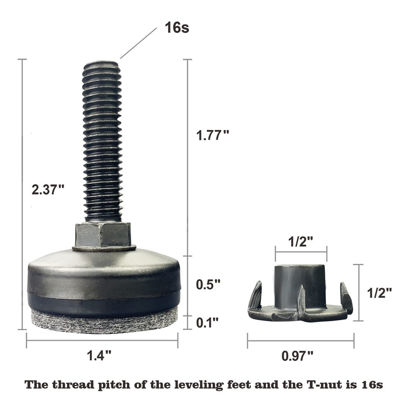 3/8" Threaded Leveling Feet Adjustable Table/Furniture Feet Levelers Screw on Heavy Duty Desk/Chair/Cabinet/Dresser/Bench Leg Leveler Screw in with Threaded Inserts(3/8-16,Large Base,Black,4 Pack) 4 Sets